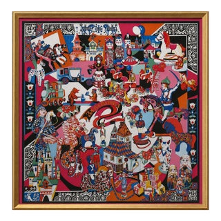 Vintage Framed Authentic Original Hermès Art Advertisement Lithograph Featuring Hermès Zabavushka Scarf For Sale