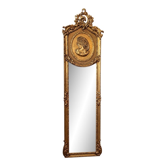 Antique Baroque Gilt Gold Pier Mirror With Classical Lady Medallion, 69” For Sale