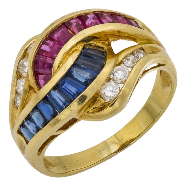 Vintage Ruby Sapphire Diamond 18k Yellow Gold Cocktail Ring, Size 6.75 For Sale