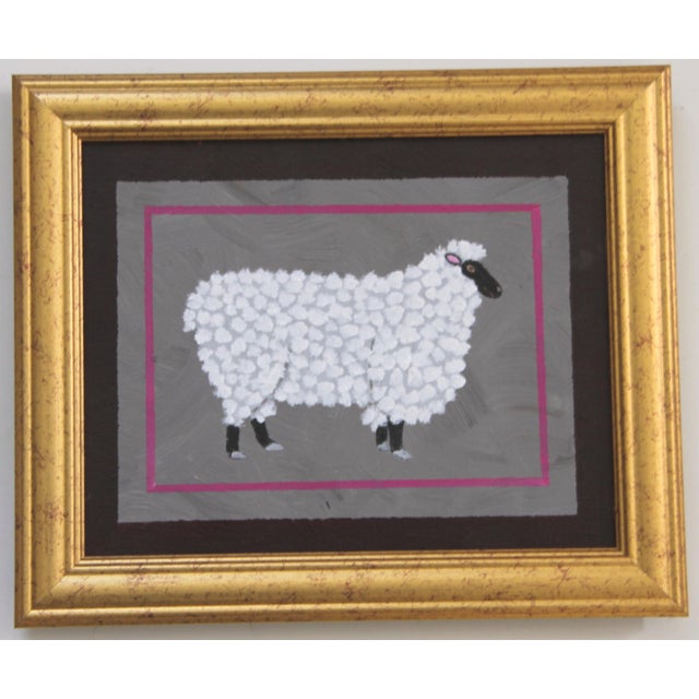Contemporary Cleo Plowden Folk Art Ram Sheep Minimalism AmericanWhite Mauve Oiginal Oil Painting For Sale - Image 3 of 7