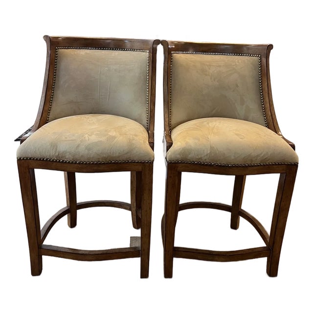 Bar Stools, Kreiss With Nail Heads and Suede Fabric- Set of 2 For Sale