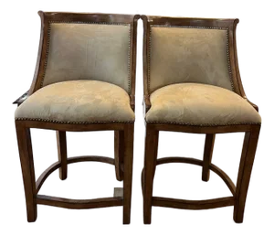 Bar Stools, Kreiss With Nail Heads and Suede Fabric- Set of 2