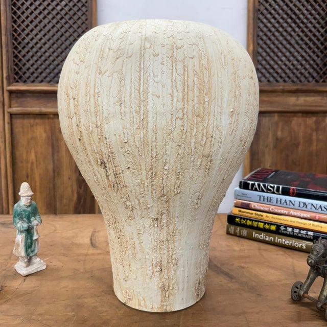Late 20th Century Wide Rounded Textured Ivory & Sand Brown Ceramic Vase For Sale - Image 5 of 10