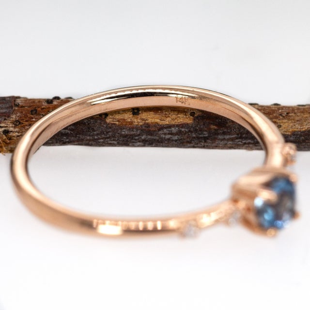 Blue Dainty Santa Maria Aquamarine Ring W Natural Diamond Accents in 14k Rose Gold, Size 6.75 For Sale - Image 8 of 8