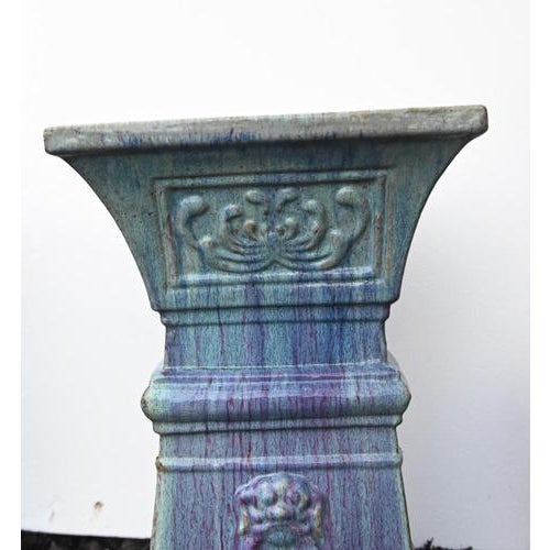 Italian Deruta Lion Mask Garden Pedestals in Glazed Ceramic, Set of 2 For Sale - Image 3 of 8