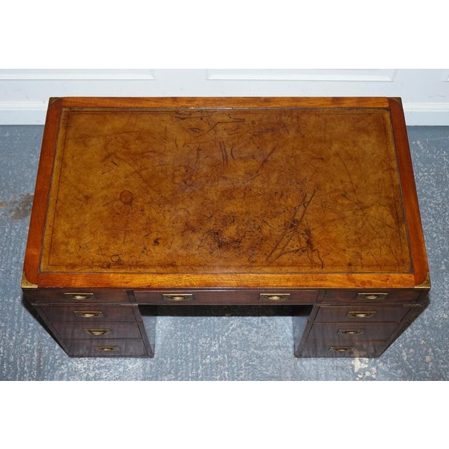 Wood Military Campaign Twin Pedestal Desk with Brown Leather Top For Sale - Image 7 of 14