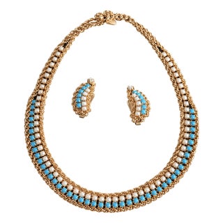 1970s Hobe Turquoise and White Stone Gold Mesh Necklace and Earrings Set, 3 Pieces For Sale