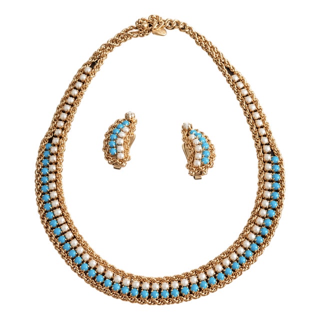1970s Hobe Turquoise and White Stone Gold Mesh Necklace and Earrings Set, 3 Pieces For Sale