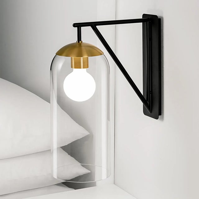 Contemporary Satin Black With Brushed Brass and Glass Wall Light For Sale - Image 3 of 4