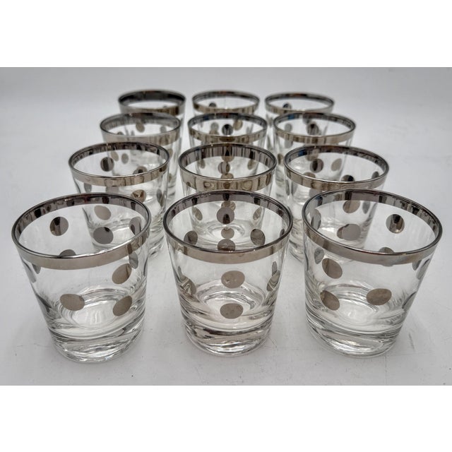Set of 12 Hollywood Regency Silver Overlay Old Fashioned Glasses, Atomic Dot Barware, 1950s A striking set of twelve mid-...