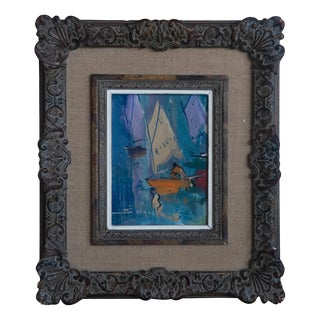 Josep Sarquella i Escobet, Sailboats in Port, Original Oil on Canvas For Sale