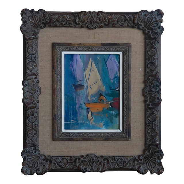 Josep Sarquella i Escobet, Sailboats in Port, Original Oil on Canvas For Sale