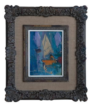 Josep Sarquella i Escobet, Sailboats in Port, Original Oil on Canvas