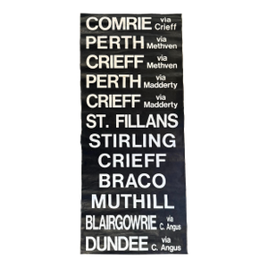 Black and White Monumental Vintage 1990’s Scottish Transportation Bus Destination Roll Sign
