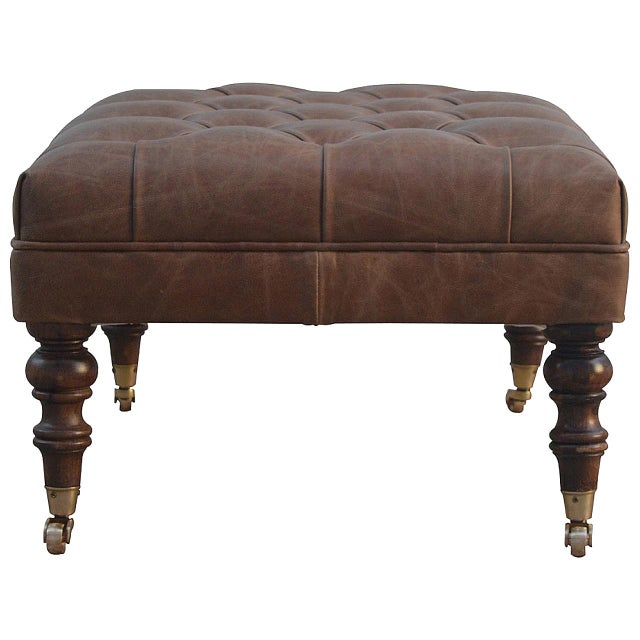 Coffee Buffalo Leather Button-Tufted Ottoman For Sale - Image 8 of 8