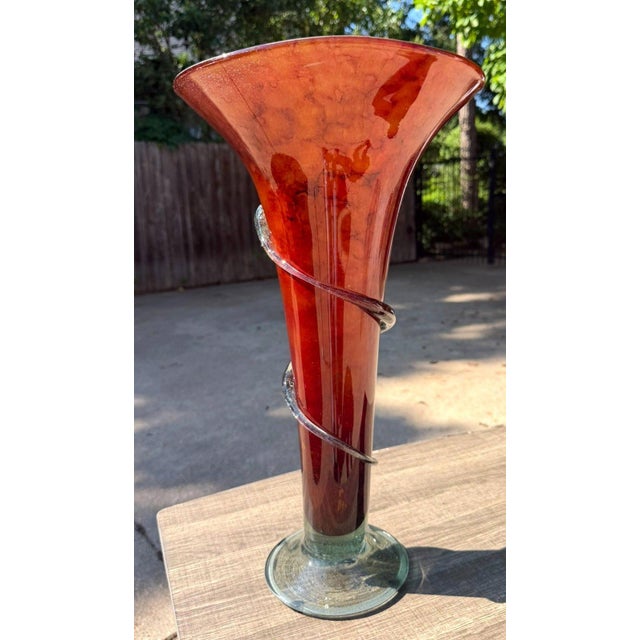 Hand-Blown 20" Amber Red Art Glass Trumpet Vase Applied Serpentine Spiral For Sale - Image 14 of 18