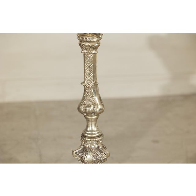 Baroque Revival Silver-Plated Bronze Candlesticks with Cherub Decoration - A Pair For Sale - Image 12 of 18