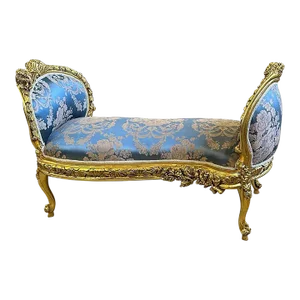 1980s Baroque Rococo Gold and Blue Tufted Bench