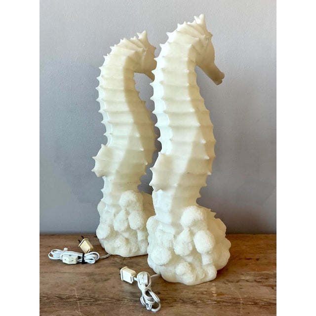 Hollywood Regency Vintage Coastal Cast Resin Seahorses Lamps - A Pair For Sale - Image 3 of 7