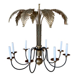 Vintage Regency Brass Tole Palm Leaf Ten Light Chandelier For Sale