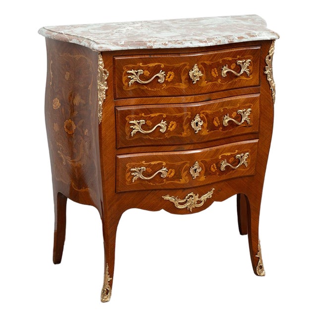 Antique Napoleon III Chest of Drawers in Polychrome Wood with Marble Top, France, 19th Century For Sale