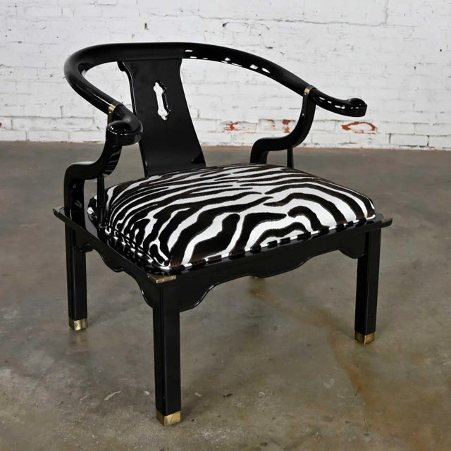 Vintage Ming Style Black Lacquer & Brass Low Chair After James Mont in Scalamandre El Morocco Espresso Fabric For Sale - Image 13 of 13