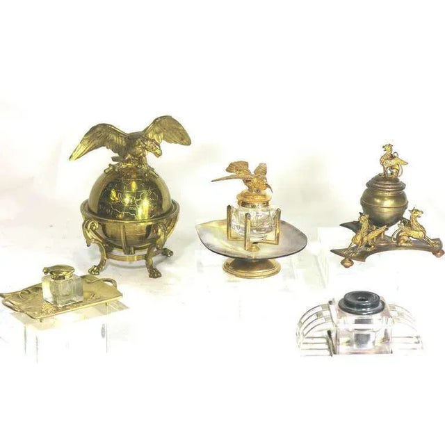 19th Century Inkwell-Harkness Library Gold Hummingbird on Crystal Inkwell SeaShell Mount and Gold Pl For Sale - Image 4 of 7