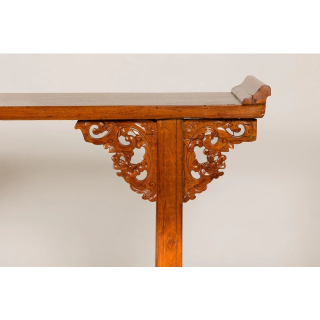 Wood Qing Dynasty Tall Altar Console Table with Carved Scrolling Spandrels For Sale - Image 7 of 12