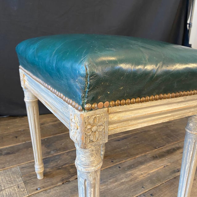 French Louis XVI Leather Stool Bench or Ottoman With Original Paint For Sale - Image 9 of 10