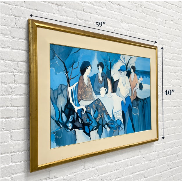 A striking, oversized figurative artwork depicting four women gathered around a café table. Layers of vivid blue, soft...