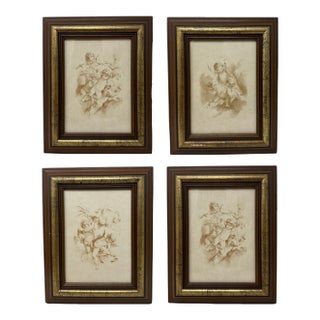 Antique Vintage Set Four French Sepia Style of Francois Boucher Giltwood Frames For Sale