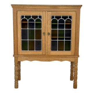 Mid-Century Modern Oak Cabinet with Stained Glass Doors by Henning Kjærnulf, 1960s For Sale