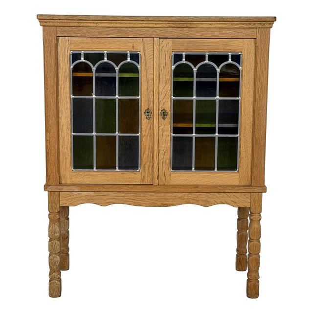 Mid-Century Modern Oak Cabinet with Stained Glass Doors by Henning Kjærnulf, 1960s For Sale