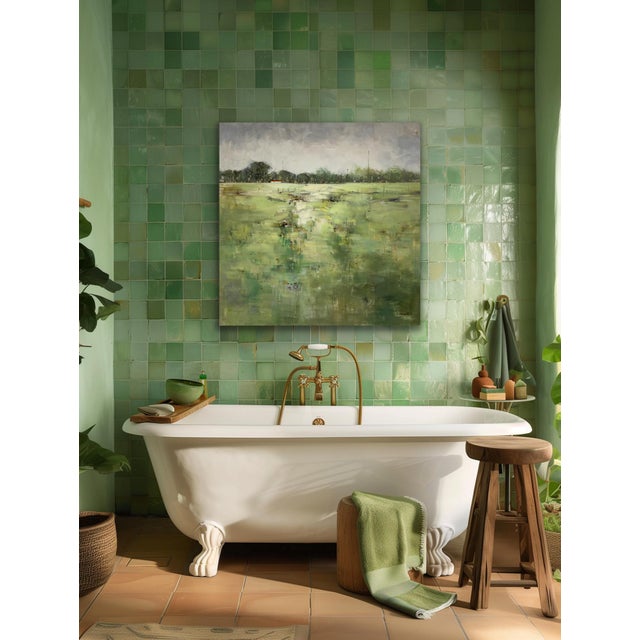 This original 48" x 48" acrylic painting features a sweeping open countryside scene under an atmospheric, overcast gray...
