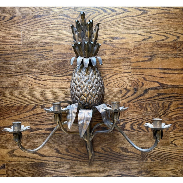Mediterranean Vintage Italian Tole Iron Pineapple Four-Light Wall Sconce With Copper-Tone Finish For Sale - Image 3 of 12