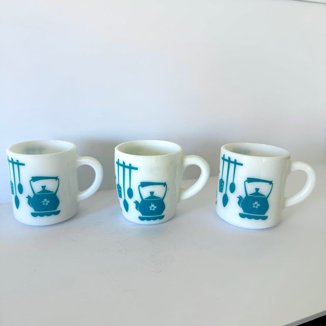 1960s Mid Century Modern Hazel Atlas Kitchen Aids Turquoise Coffee Mugs Tea Cups - Set of 3 For Sale - Image 9 of 9