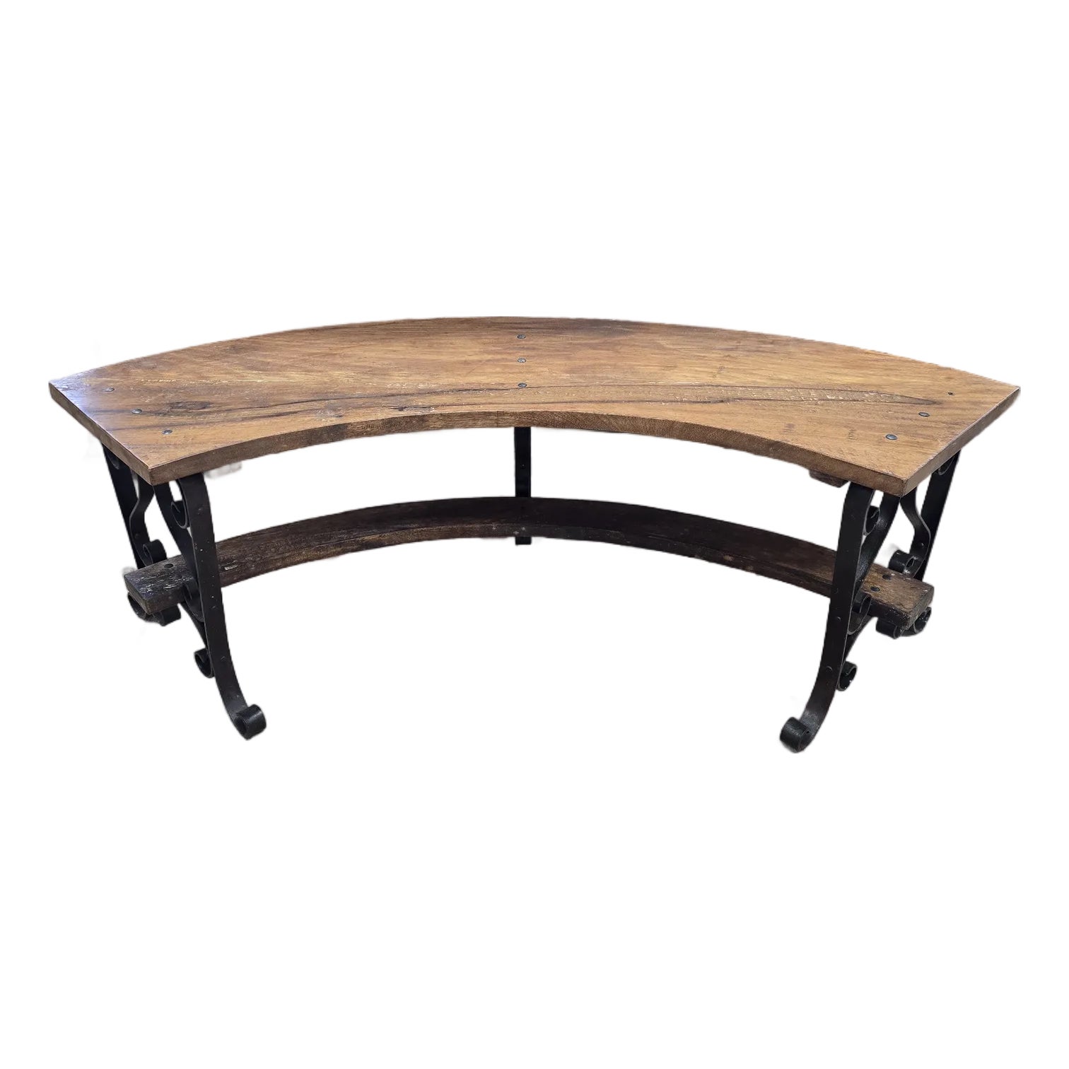 Solid Reclaimed Wood and Iron Crescent Bench | Chairish