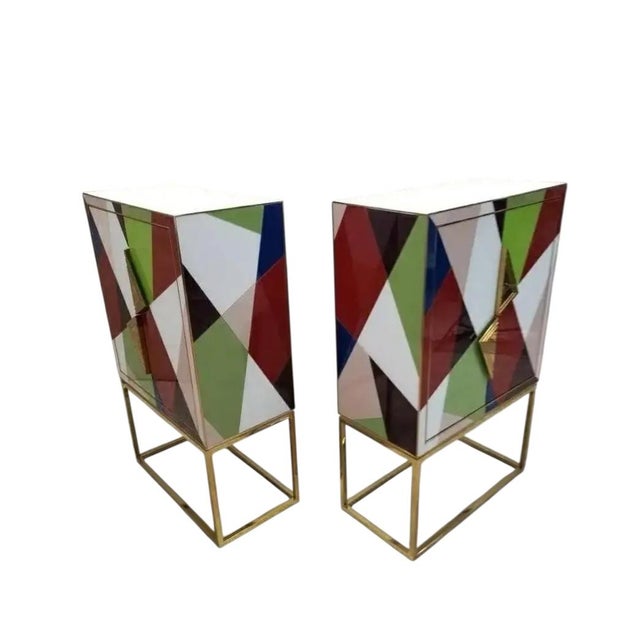 Hollywood Regency Styled Torino Reverse-Painted Glass and Brass 2 Door Dry Bar Cabinet by Jonathan Adler “Bring a unique,...