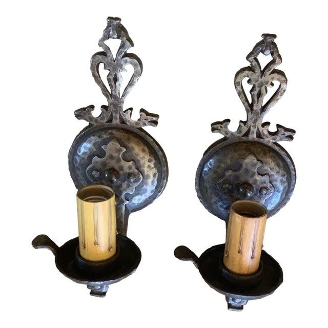 1930s Hammered Cast Iron Sconces - a Pair For Sale