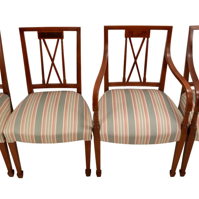Tan 1950s Flame Mahogany Regency Style Dining Chairs – Sculpted Arms & Inlaid X-Backs - Set of 8 For Sale - Image 8 of 18