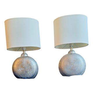 Vintage Table Lamps with Silver-Colored Ceramic Base and Cream-White Oval Fabric Shade from Fischer & Honsel, 2010s, Set of 2 For Sale