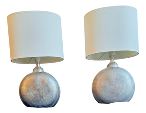 Vintage Table Lamps with Silver-Colored Ceramic Base and Cream-White Oval Fabric Shade from Fischer & Honsel, 2010s, Set of 2