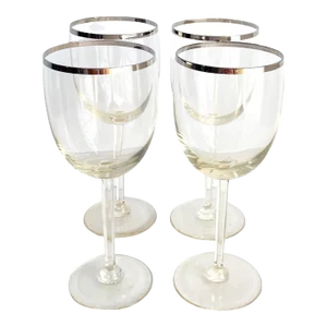 1950s Vintage Dorothy Thorpe Wine Glasses Silver Rim Crystal - Set of 4