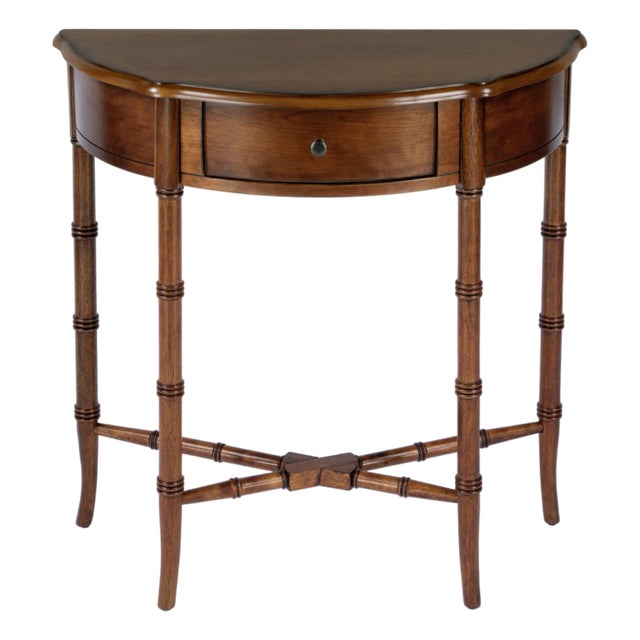 Skilling 31 in. W Specialty Demilune Shape Wood 1 Drawer Console Table, Olive Ash For Sale