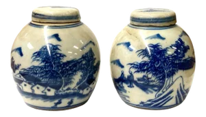 Blue White Mini Oriental Graphic Porcelain Ginger Jars - a Pair