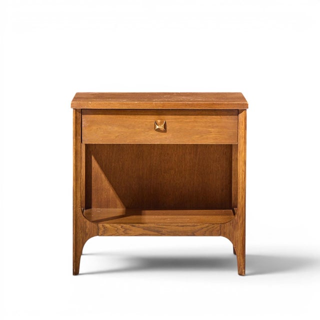 Wood Broyhill Brasilia Mid Century Walnut and Brass Nightstands - Pair For Sale - Image 7 of 11