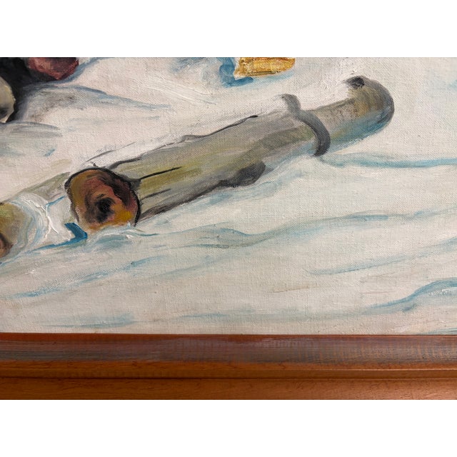 Large 1963 Signed Oil Painting Winter Landscape Red Barn Snow Scene Rustic Farm by L. Brade For Sale - Image 11 of 18