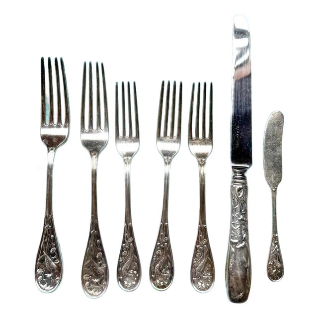 Antique Tiffany & Co. Audubon Bird Pattern Silverware Sterling Silver Flatware Set - 7 Piece For Sale