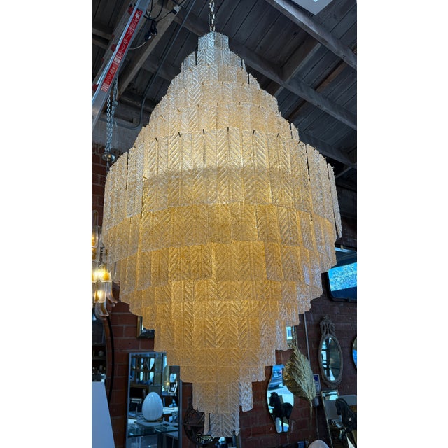 1970s Monumental Amber Textured Glass Leaf Tiered Chandelier For Sale - Image 10 of 11