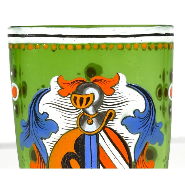 Bohemian Enameled Armorial Glass Pocket Beaker for your consideration. The beaker measures approx. 3 inches tall, 2 inches...